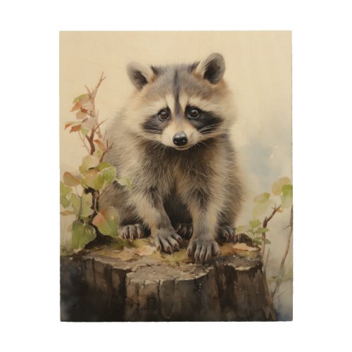 Beautiful Woodland Animals Raccoon Portrait  Wood Wall Art