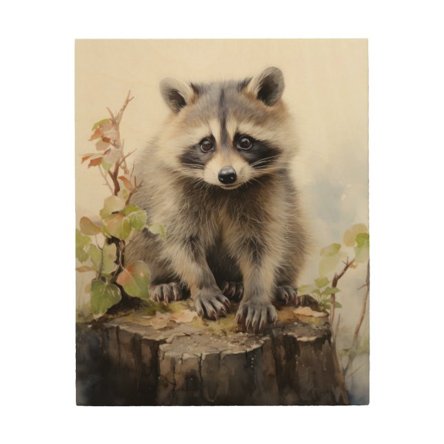Beautiful Woodland Animals Raccoon Portrait  Wood Wall Art (Front)