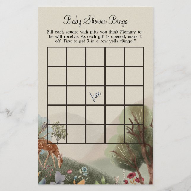 Beautiful Woodland Bingo Baby Shower Game Flyer (Front)