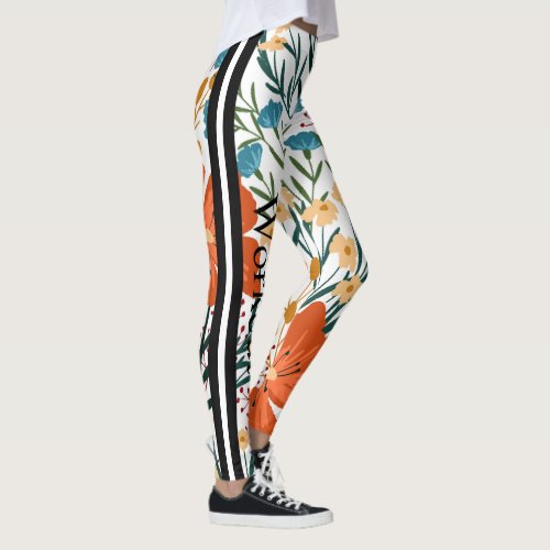 Beautiful workout text l Cute floral White Orange Leggings