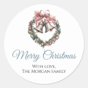 Beautiful Wreath Bell & Pink Ribbon Bow Classic Round Sticker