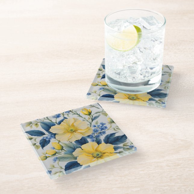 Beautiful Yellow and Blue Flowers Glass Coaster (Angled)