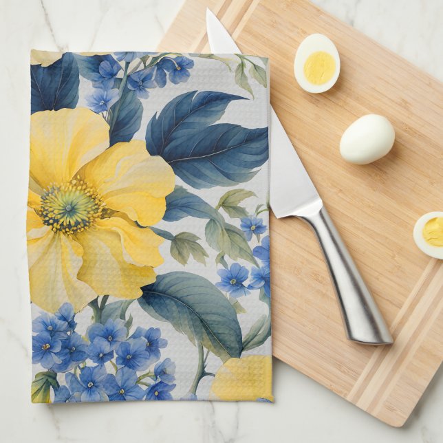 Beautiful Yellow and Blue Flowers Kitchen Towel (Quarter Fold)