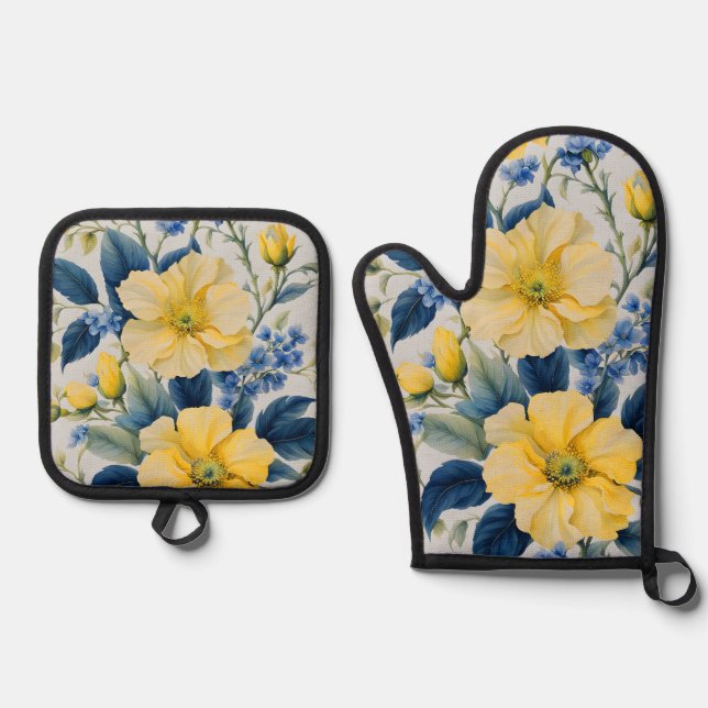 Beautiful Yellow and Blue Flowers Oven Mitt & Pot Holder Set (Front)