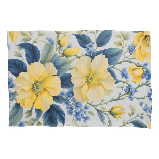 Beautiful Yellow and Blue Flowers Pillow Case (Front-Left)
