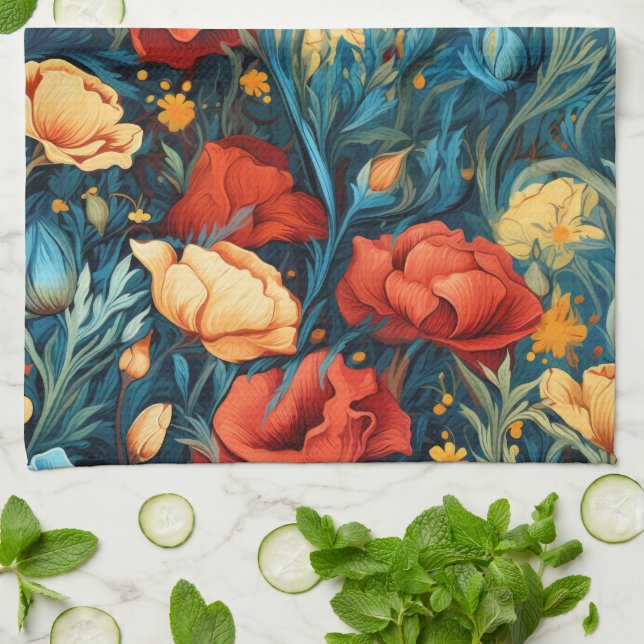 Beautiful Yellow and Red Flowers Botanical Print Kitchen Towel (Folded)