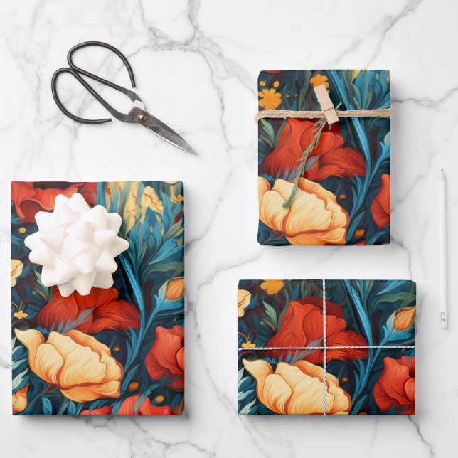 Beautiful Yellow and Red Flowers Botanical Print Wrapping Paper Sheets (Front)