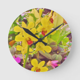 Beautiful Yellow autumn orchids Round Clock
