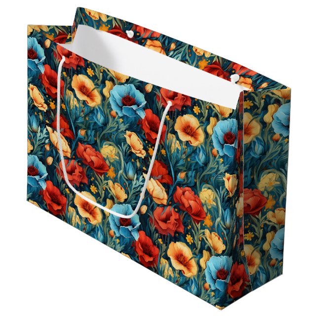 Beautiful Yellow Blue and Red Flowers Pattern Large Gift Bag (Front Angled)