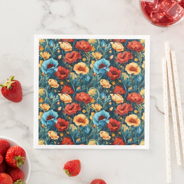 Beautiful Yellow Blue and Red Flowers Pattern Paper Dinner Napkins (Insitu)
