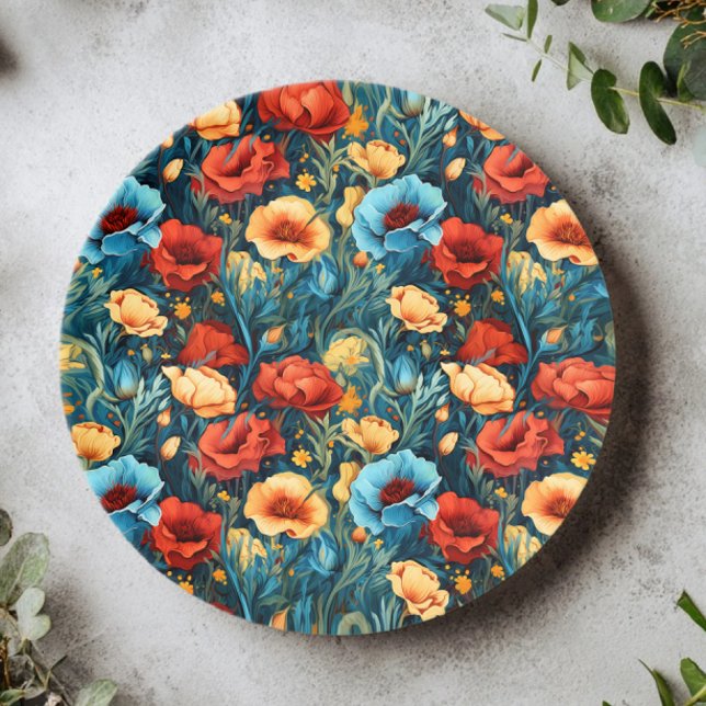 Beautiful Yellow Blue and Red Flowers Pattern Paper Plates (Creator Uploaded)