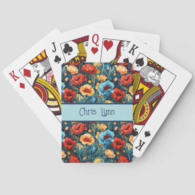Beautiful Yellow Blue and Red Flowers Pattern Poker Cards (Back)