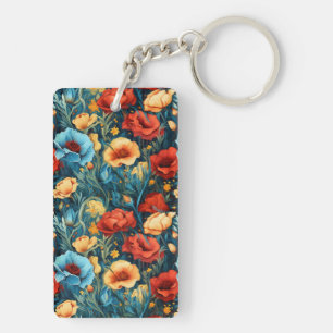 Beautiful Yellow Blue and Red Flowers Two-sided Keychain