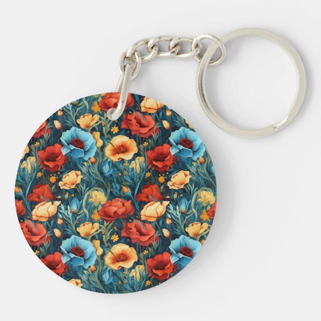 Beautiful Yellow Blue and Red Flowers Two-sided Keychain (Back)
