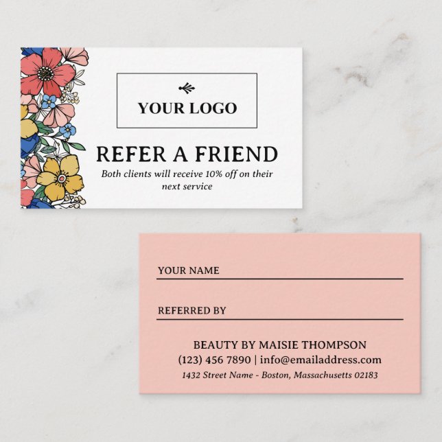 Beautiful Yellow Blue Coral Floral Logo Referral Card (Front/Back)