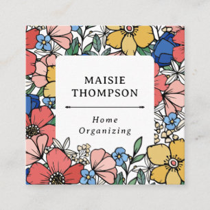 Beautiful Yellow Blue Coral Floral Pattern Square Business Card