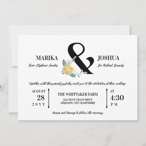 Beautiful Yellow Floral Ampersand 2 in 1 Wedding Invitation