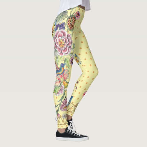 Beautiful Yellow Floral Butterfly Chinoiserie Mix  Leggings