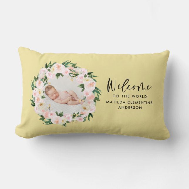 Beautiful yellow floral girly photo baby welcome lumbar pillow (Front)