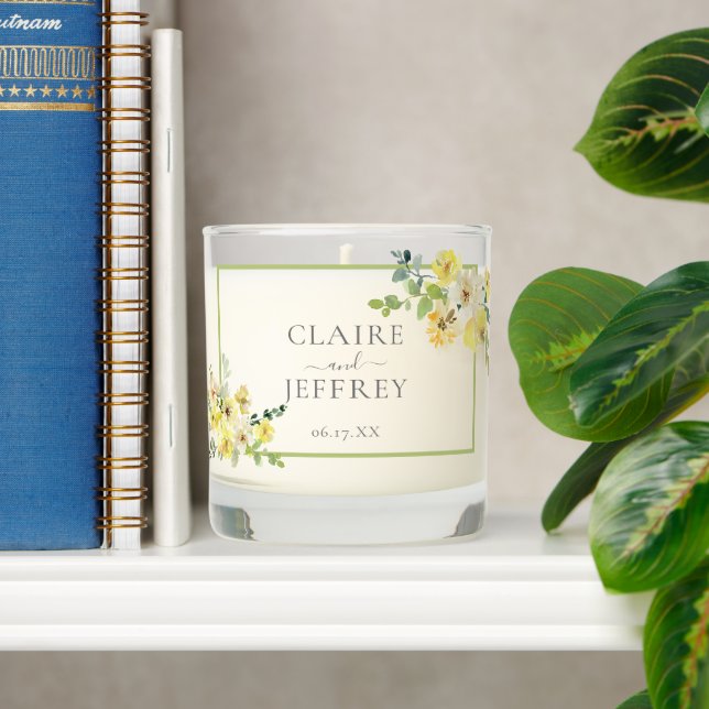 Beautiful Yellow Floral Sage Green Custom Wedding Scented Candle (Shelf)