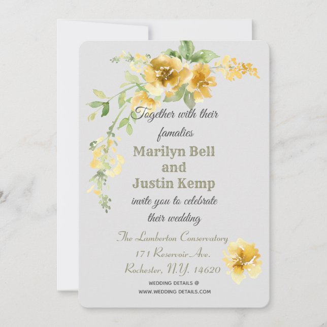 Beautiful Yellow Florals Gray Wedding Invitation (Front)