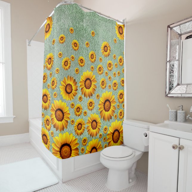 Beautiful yellow flowers on dark lime green shower curtain (In Situ)