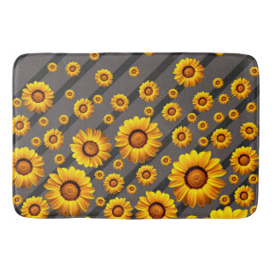 Beautiful yellow flowers on gray, black stripes   bath mat