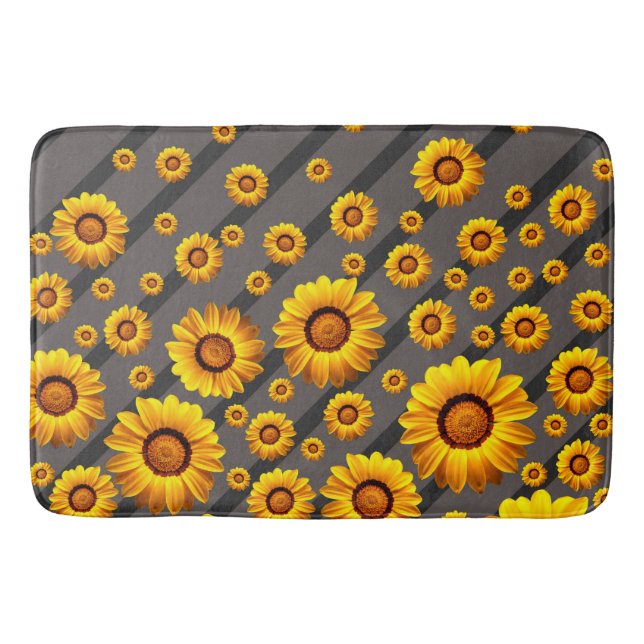 Beautiful yellow flowers on gray, black stripes   bath mat (Front)
