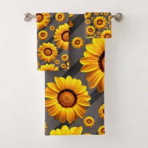 Beautiful yellow flowers on gray, black stripes bath towel set