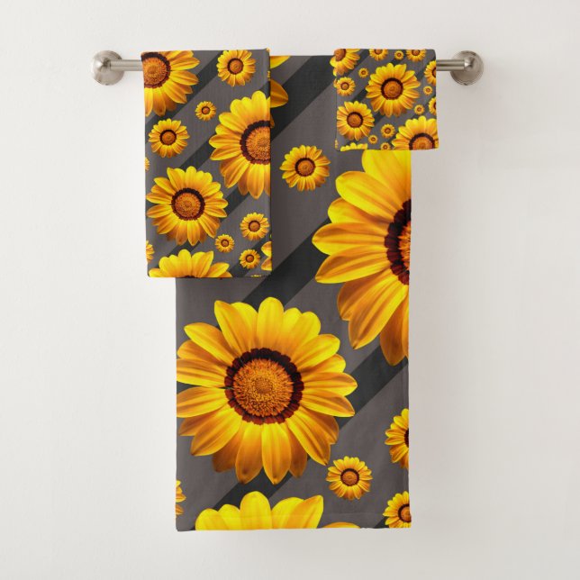 Beautiful yellow flowers on gray, black stripes bath towel set (Insitu)
