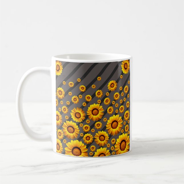 Beautiful yellow flowers on gray, black stripes  coffee mug (Left)