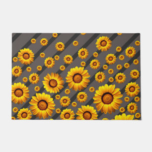 Beautiful yellow flowers on gray, black stripes doormat