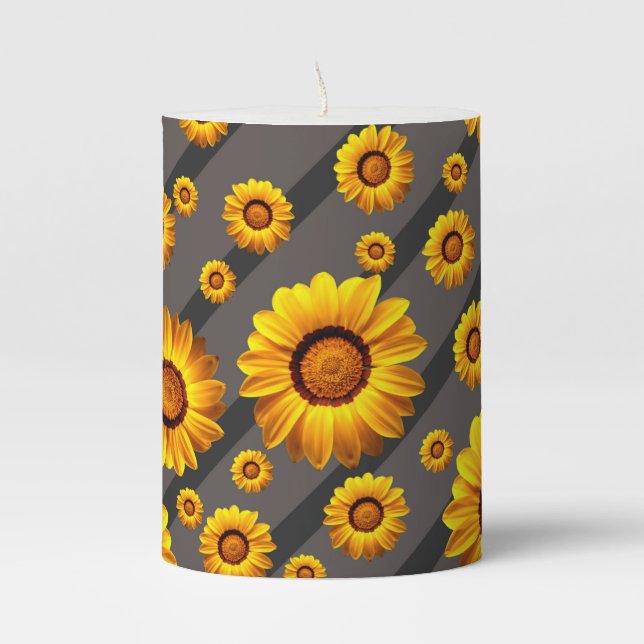 Beautiful yellow flowers on gray, black stripes  pillar candle (Front)