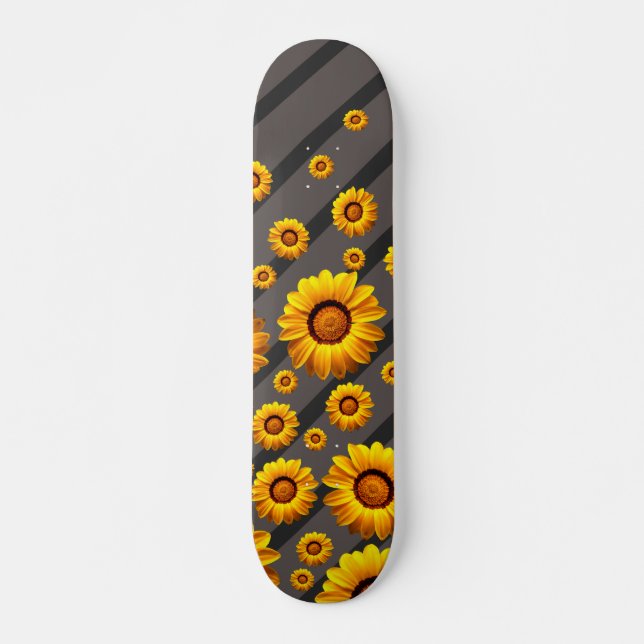 Beautiful yellow flowers on gray, black stripes skateboard (Front)