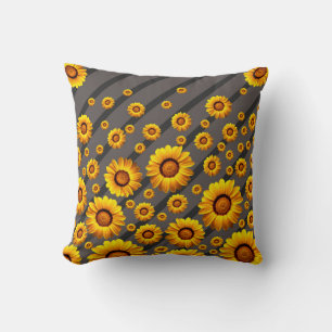 Beautiful yellow flowers on gray, black stripes throw pillow