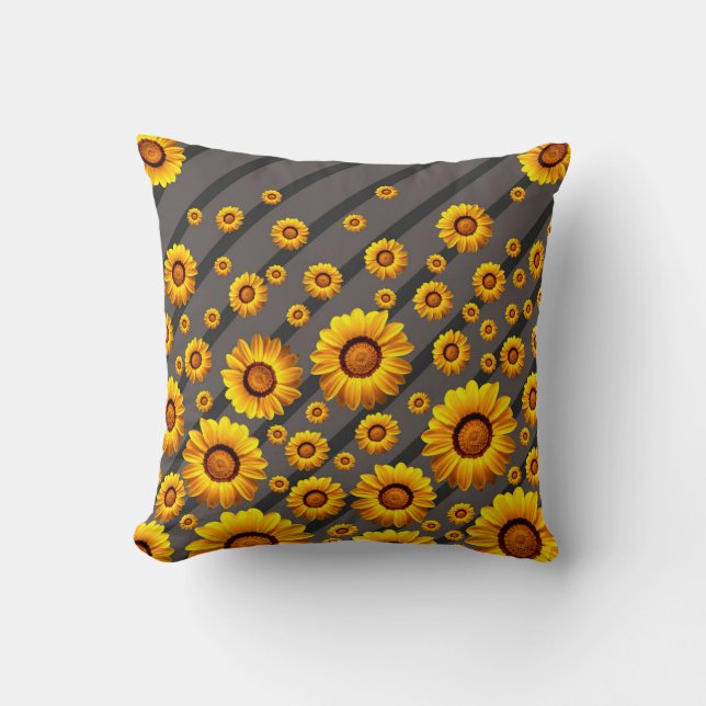 Beautiful yellow flowers on gray, black stripes throw pillow (Front)
