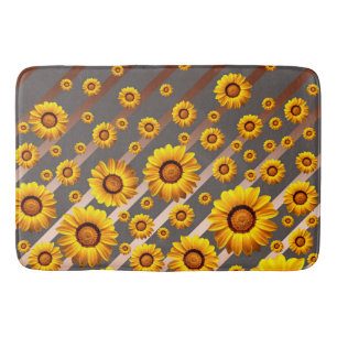 Beautiful yellow flowers on gray, brown stripes   bath mat