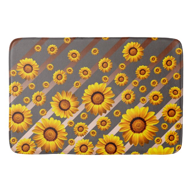 Beautiful yellow flowers on gray, brown stripes   bath mat (Front)
