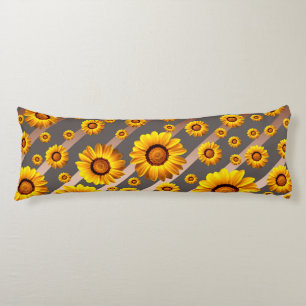 Beautiful yellow flowers on gray, brown stripes body pillow