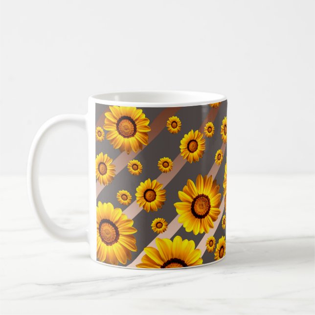 Beautiful yellow flowers on gray, brown stripes   coffee mug (Left)