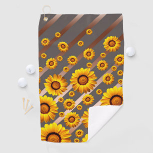Beautiful yellow flowers on gray, brown stripes  golf towel