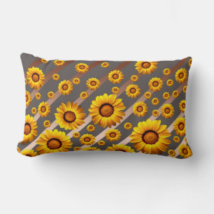 Beautiful yellow flowers on gray, brown stripes lumbar pillow