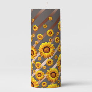 Beautiful yellow flowers on gray, brown stripes pillar candle