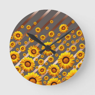 Beautiful yellow flowers on gray, brown stripes round clock