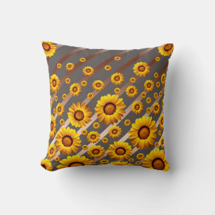 Beautiful yellow flowers on gray, brown stripes throw pillow