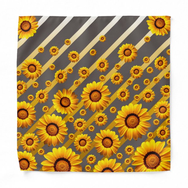 Beautiful yellow flowers on gray, gold stripes    bandana (Front)