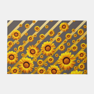 Beautiful yellow flowers on gray, gold stripes doormat
