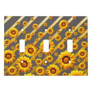 Beautiful yellow flowers on gray, gold stripes light switch cover