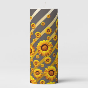 Beautiful yellow flowers on gray, gold stripes pillar candle