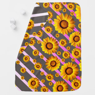 Beautiful yellow flowers on gray, pink stripes   baby blanket
